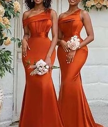 preiswerte -A-Linie Brautjungfernkleid Ein-Schulter Ärmellos Elegant Boden-Länge Chiffon mit Vorne geschlitzt 2022