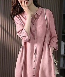ieftine -Pentru femei Rochii Midi Rochie casual Rochie din in bumbac Rochie A line De Bază Casual Vacanță Zilnic Fit regulat Simplu Lungime Manșon 3/4 Guler Cămașă Roz Îmbujorat Trifoi Vară Primăvară Toamnă