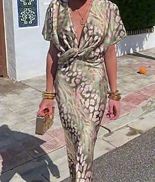economico -Per donna Vestito maxi Abito semi formale Abito a fascia Moda Informale Abiti semi formali Formale Da mare Feste Standard Pop art Manica corta A V Verde chiaro Estate Primavera