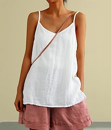 abordables -Gilet en coton et lin pour femme, uni, élégant, basique, col en V, haut classique, idéal pour le travail, les vacances, noir, blanc, bleu, été