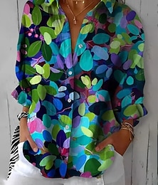economico -Per donna Camicia Floreale Casual Manica Lunga Colletto a Camicia Top Regolari Lavoro Quotidiano Bottoni Stampato Verde Primavera Autunno Inverno