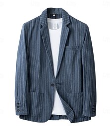 billiga -Herr Linne blazer Kostymer Bröllop Årsdag Semester Elegant Neutral Vår & Höst Linne i bomull Randig Knappar Bekväm Enkelknäppt med Ett Knapphål Blazer Marinblå Grå