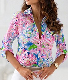 economico -Per donna Camicia Floreale Casual Manica Lunga Colletto a Camicia Top Regolari Lavoro Quotidiano Bottoni Stampato Rosa Primavera Autunno Inverno