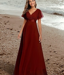 economico -Abiti da Prom A-Line Abito Elegante Ospite di Matrimonio Laurea Lunghezza Piena Maniche Corte Collo a V Abito da Damigella Chiffon con Schiena a V e Rouches