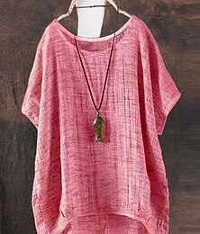 abordables -Femmes Chemise Chemisier Chemises en coton et lin Couleur Unie Basique Occasionnel Demi Manches Col ras du cou Hauts Réguliers Quotidien Rose Claire Vert Kaki Été