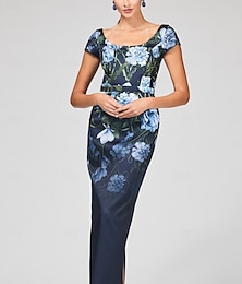 economico -Abito da sera a colonna con stampa floreale blu navy abito elegante formale per ospite di matrimonio lungo fino al pavimento maniche corte collo gioiello con glitter abito per ospite di matrimonio