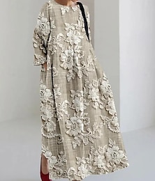 economico -Vestito maxi da donna abito casual abito casual vacanza vestibilità ampia grafica floreale in lino simile a manica 3/4 girocollo blu viola chiaro verde beige primavera autunno inverno