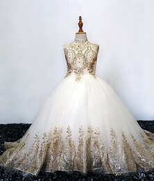 billiga -Brudnäbbsklänning Barn Flickor Formell klänning Aftonklänning Prestanda Bröllop Fest Elegant Skön Paljetter Nät Blommig Ärmlös Kinakrage Vinrött Svart 4 år +