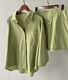 preiswerte -Damen Urlaub Mode Hemd Leinen-inspirierte Sets Zweiteilige Sets Strandshorts Baggy-Shorts Kurzarm Hemdkragen Einfarbig Kordelzug Alltagskleidung Date Rosa Grün Grau Sommer Normale Passform