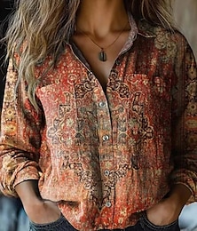 economico -Per donna Camicia Floreale Retrò Vintage Etnico Manica Lunga Colletto a Camicia Top Regolari Quotidiano Ferie Tasca Bottoni Stampato Vino Verde militare Rosso Blu Reale Blu Estate