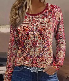 abordables -Camiseta de mujer a rayas diaria casual de manga larga cuello en V blusa regular diaria vacaciones botones rosa rojo gris primavera otoño invierno