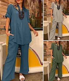 abordables -Femmes Mode Streetwear Chemise Ensembles inspirés du lin Ensembles deux pièces Pantalons en Lin Pantalons Manche Courte Col en V Couleur Unie Tenue quotidienne Date Vert Kaki Bleu clair Printemps