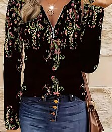 baratos -Mulheres Camiseta Gráfico Tribal Vintage Boêmia Tropical Havaiana Manga Longa Decote V Tops regulares Diário Para Noite Final de semana Zíper Imprimir Preto Primavera Outono