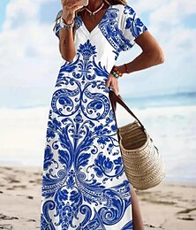 levne -Dámské Maxi šaty Paisley šaty Volnočasové šaty Boho šaty s dlouhým rukávem Áčkové šaty Čechy prázdniny Vinobraní Dovolená Denní Běžný Květinový Krátký rukáv Do V aqua modrá Léto Jaro