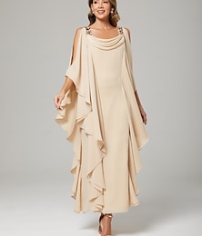 voordelige -Sheath  Kolom Bruidsmoeder Jurk Bruidsgast Elegante Plus Size Ronde Hals Vloerlange Chiffon Halve Mouw met Pailletten Cascading Volants 2025