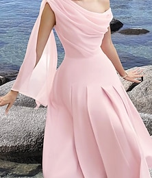 abordables -Robe cocktail A-Ligne Plage Élégante Robe Invité de mariage Longueur thé Sans manches Col drapé Tissu Chiffon extensible avec fronces Robes Derby 2025