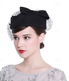 お買い得  -女性用英国スタイル ピルボックス 教会 ダービー 結婚式 冬 ビンテージ ファシネーター ベレー帽 ウール フェルト ベール 帽子