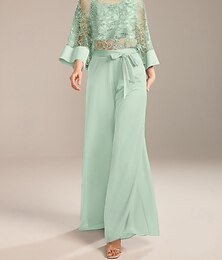 abordables -Combinaison  Tailleur Mère de la Mariée Élégant Grande Taille Éclat  Brillance Col Rond Longueur de Sol Chiffon Sans Manches avec Dentelle Paillettes 2025