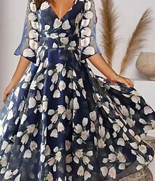 abordables -Femme Robe mi-longue Robe Évasée Robe imprimée Mode Extérieur Sortie Fin de semaine Standard Fleur Demi Manches Col V Bleu Eté