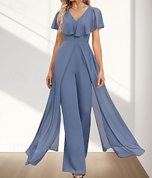 abordables -Combinaison  Pantalon pour la Mère de la Mariée Robe de Mariage Invité Élégante Décolleté en V Longueur de Sol Chiffon Manches Courtes avec Volants Drapé Latéral