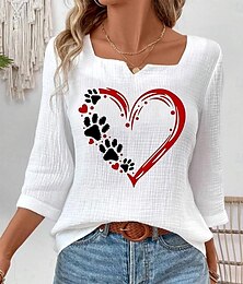 economico -Blusa da donna cuore animale elegante maniche 3/4 collo a V top regolari quotidiani in lino simile per uscire stampa bianca estate