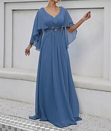 abordables -Robe Mère de la Mariée Robe Élégante Fête Col V Longueur de Sol Polyester Manches Mi-Longues avec Appliqués