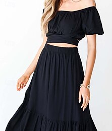 abordables -Femmes Jupe Mode Maxi Taille Basse Jupes Uni Froncé Micro-Élastique Vacances Rue Noir Blanche Été Coton
