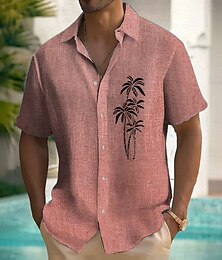 billiga -Herr Kokosnötsträd Tropiska växter Linneskjorta Hawaii skjorta Knapp upp skjorta Kortärmad Hawaiisk Tillflykt Semester Helgdag Standkläder Sommar Vår Nedvikt krage skjortor Rodnande Rosa Blå Grön