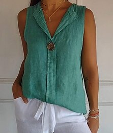 economico -Camicia blusa da donna in cotone e lino a tinta unita elegante casual senza maniche scollo a V top regolari quotidiani per le vacanze bottoni bianco blu navy verde khaki estate primavera