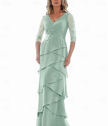 abordables -Ligne A Robe Robe de Mère de Mariée  Formel Élégant Col en V Longueur au sol Chiffon Manche 3/4 avec Niveaux Volants en Cascade Couleur Unie 2025