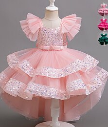 billiga -Barn Flickor Festklänning Paljett Ärmlös Bröllop Speciellt Tillfälle Paljetter Rynkad Dragkedja Förtjusande Ljuv Polyester Asymmetrisk Festklänning Tyllklänning Sommar Vår Höst 4-12 år Rodnande Rosa