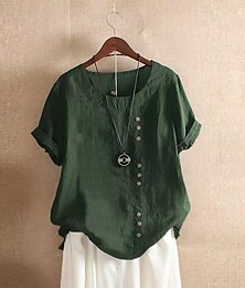 economico -Per donna Camicia Blusa Camicie di cotone e lino Semplice Essenziale Moderno Manica Corta Girocollo Top Regolari Quotidiano Ferie Bottoni Bianco Rosa Blu Arancione Verde Estate