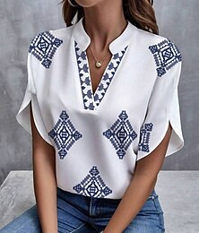 お買い得  -女性用 ブラウス グラフィック 幾何学模様 スタイリッシュ ビーチスタイル 半袖 Ｖネック レギュラートップス 日常 プリント ブルー 夏 春