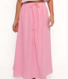 abordables -Jupes d'inspiration lin pour femmes, décontractées, maxi, taille mi-haute, unies, avec cordon de serrage, micro-élastique, vacances, rue, blanc, rose, été, coton