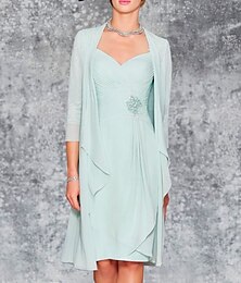 abordables -Robe Mère de la Mariée à Deux Pièces de Plage Invité de Mariage Élégante Grande Taille Décolleté Coeur Genoux Chiffon Dentelle Manches 3/4 Veste Incluse Jupes avec Plis Broderie