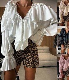 economico -Per donna Camicia Blusa Liscio Giornaliero Moderno Manica lunga A V Top regolari Per eventi Per uscire Con balze Nero Bianco Rosa Cachi Primavera