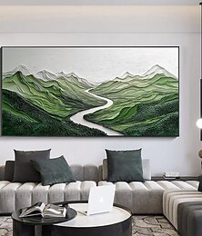 billiga -handgjord original grön bergsmålning oljemålning på duk abstrakt floddal landskap väggkonst för heminredning med sträckt ram/utan inre ram målning