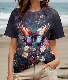 abordables -Mujer Camiseta Floral Graphic Mariposa Elegante Casual Manga Corta Escote Redondo Tops regulares Diario Fin de semana Estampado Arco Iris Verano Primavera