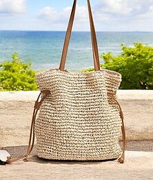 abordables -sac seau en paille tissé à la main – sac fourre-tout à bandoulière avec cordon de serrage bohème, sac à main de plage d'été léger pour femme, accessoire de vacances et de voyage décontracté couleur beige café
