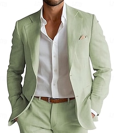 economico -Completi da Sposa Uomo Casual in Lino Salvia Lilla Leggermente Fodera Estivo Colore Solido Fit Standard 2 Pezzi Unico Petto Un Bottone