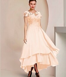 abordables -Robe Mère de la Mariée A-Line Robe Formelle Invité de Mariage Élégante Haut Bas Col Rond Asymétrique Longueur Thé Chiffon Dentelle Manches Courtes avec Appliques à Paillettes 2025 taille