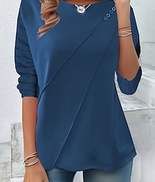 abordables -Camiseta para Mujeres de Color Sólido Estilosa Casual de Manga Larga Cuello Redondo Tops Regulares Diario Botones Negra Amarilla Roja Azul Verano Primavera