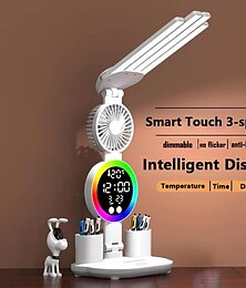 economico -Lampada da scrivania multifunzionale con protezione per gli occhi da 1 pezzo, senza sfarfallio, anti luce blu, tre livelli di oscuramento, oscuramento infinito, luce ambientale RGB, orologio, tre