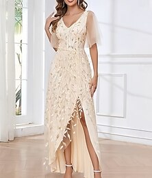 abordables -Ligne A Robes pour invités de mariage Asymétrique Robe robe demoiselle d honneur Asymétrique Manche Courte Col en V Invité de mariage d'automne Dentelle avec Fente 2025
