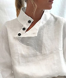 economico -Per donna Camicia Camicie di cotone e lino Blusa Semplice Essenziale Moderno Casual Manica Lunga Collo Alto Top Regolari Quotidiano Uscire Bottoni Bianco Estate