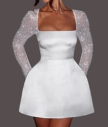 preiswerte -Verlobung Kleines Weißes Kleid Brautparty Kleider Hochzeitskleider A-Linie Quadratischer Hals Lange Ärmel Kurz  Mini Satin Brautkleider Mit Perlenmuster
