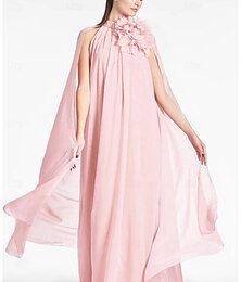 economico -Abito da Sera A-Line per Matrimonio in Spiaggia Elegante Abito Formale Ballo Lunghezza Terra Senza Maniche Collo Gioiello Chiffon con Fiore sulla Spalla