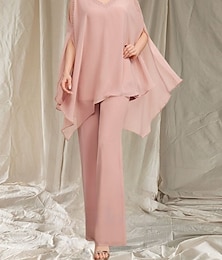 abordables -Combinaison  tailleur mère de la mariée robe invitée au mariage élégante décolleté en V longueur sol chiffon manches longues avec perles volants en cascade