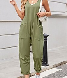 abordables -Mono de mujer activo de color liso sin mangas cuello en V con bolsillo vacacional diario ajuste regular negro rosa verde militar verano