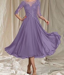 abordables -Robe de mère de la mariée en A-Line pour invitée de mariage col rond élégant longueur thé chiffon tulle manches demi-longues avec perles appliqués robe midi